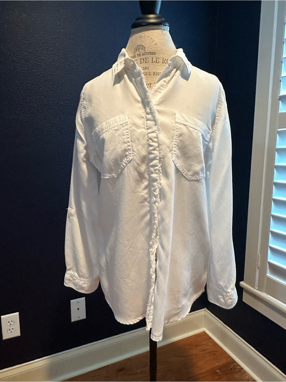 Chico's White Button Up Frayed Edge Shirt